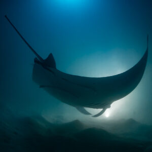 Reef manta ray at night curving away with tail raised, Fesdu Wreck, Maldives