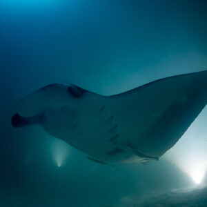 Reef manta ray at night banking steeply in the light beams, Fesdu Wreck, Maldives
