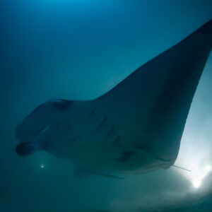 Reef manta ray at night with wing raised high in backlight, Fesdu Wreck, Maldives