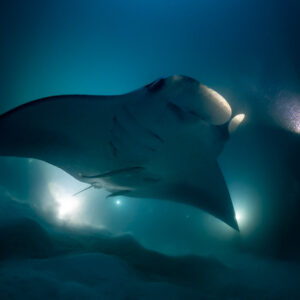 Reef manta ray at night lit by a diver torch at right, Fesdu Wreck, Maldives