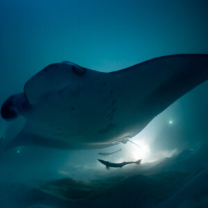 Reef manta ray at night overhead with two remoras below, Fesdu Wreck, Maldives