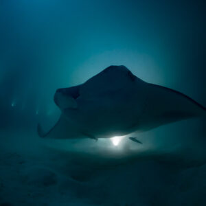 Reef manta ray at night approaching low, wing tips curled, Fesdu Wreck, Maldives