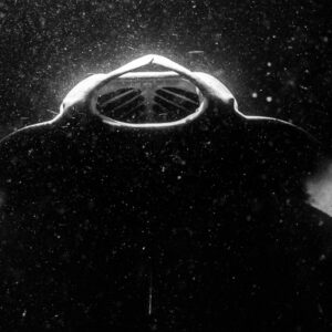 Black and white reef manta ray at night, gaping mouth seen head-on, Fesdu Wreck, Maldives