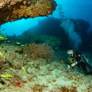 Diver swimming over sand beside an overhang, snappers and bubbles, Kudarah Thila, Maldives