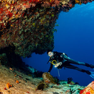 Diver gliding horizontally under an overhang against blue water, Golden Wall, Maldives