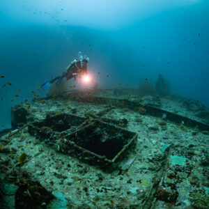 Diver with torch above the deck of a shipwreck in green water, Kuda Giri Wreck, Maldives
