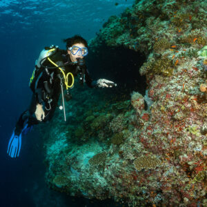 Woman diver facing camera beside a reef cave entrance, Kuda Giri Wreck, Maldives