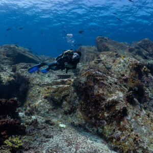 Diver swimming between rocky boulders on a reef slope, Komodo, Indonesia