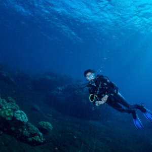 Woman diver swimming along dark volcanic slope in sun rays, Sangeang Island, West Nusa Tenggara, Indonesia