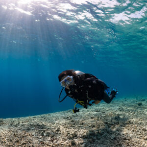 Woman diver swimming toward camera under sun rays, Komodo, Indonesia