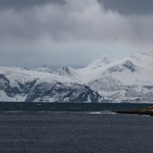 Snow-capped peaks under a heavy grey sky above a dark fjord, Seglvik, Troms, Norway