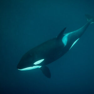 Killer whale diving at an angle in teal green water, tail raised, Kvænangen, Troms, Norway