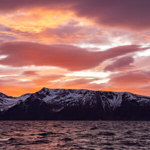 Fiery red sunset clouds above a dark snowy mountain silhouette, Kvænangen, Troms, Norway