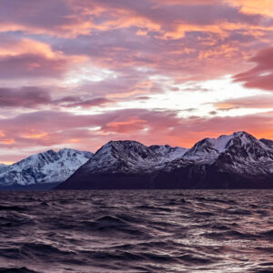 Pink sunset clouds over jagged snowy peaks and dark water, Kvænangen, Troms, Norway