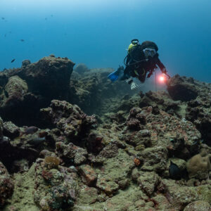 Plongeuse avec phare rouge au-dessus d’un récif rocheux sombre, Flic-en-Flac, île Maurice