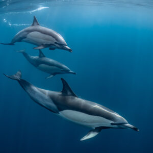 Trois dauphins communs superposés en formation sous la surface, Stilbaai, Cap-Occidental, Afrique du Sud