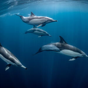 Four common dolphins swimming in different directions, Stilbaai, Western Cape, South Africa