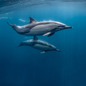 Two common dolphins swimming one above the other, tight framing, Stilbaai, Western Cape, South Africa