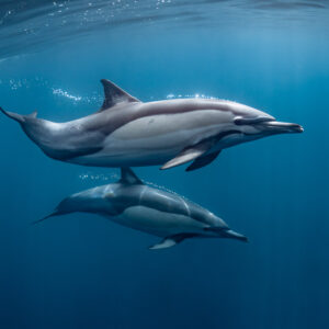 Paire de dauphins communs nageant en tandem, vue de profil rapprochée, Stilbaai, Cap-Occidental, Afrique du Sud