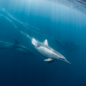 Dauphin commun laissant des filets de bulles dans les rayons de soleil, Stilbaai, Cap-Occidental, Afrique du Sud
