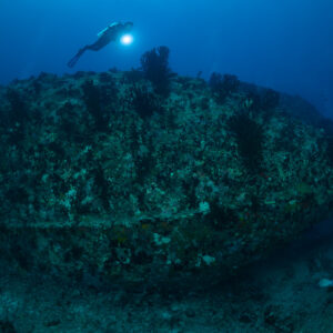 Diver with a torch above the overgrown hull of a wreck, Maldives