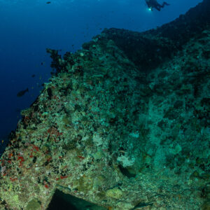 Diver above a wreck hull with an open hatch, vertical frame, Maldives