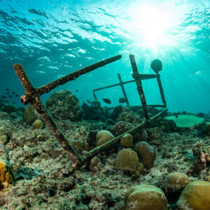 Rusted metal frame of wreck debris on a sunlit coral reef, Maldives