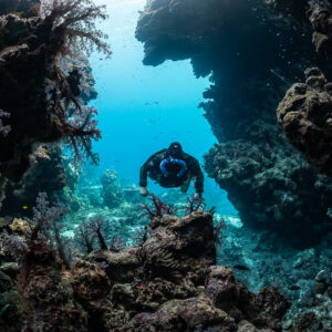Rebreather diver leaving the cave through a soft-coral-fringed arch, Zabargad, Red Sea, Egypt