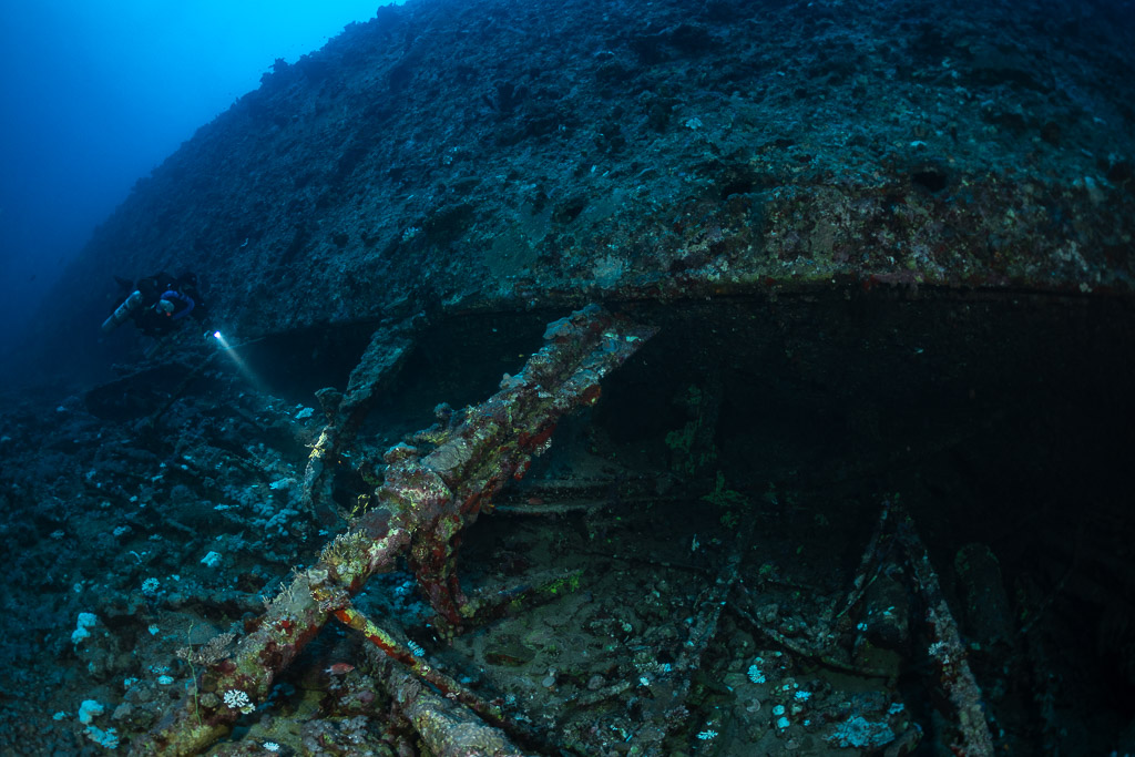 Collapsed beams beneath the overturned hull of the Levanzo wreck, Red Sea, Egypt