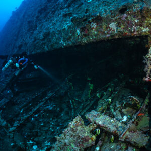 Rebreather diver beside a ladder on the Levanzo wreck, Red Sea, Egypt