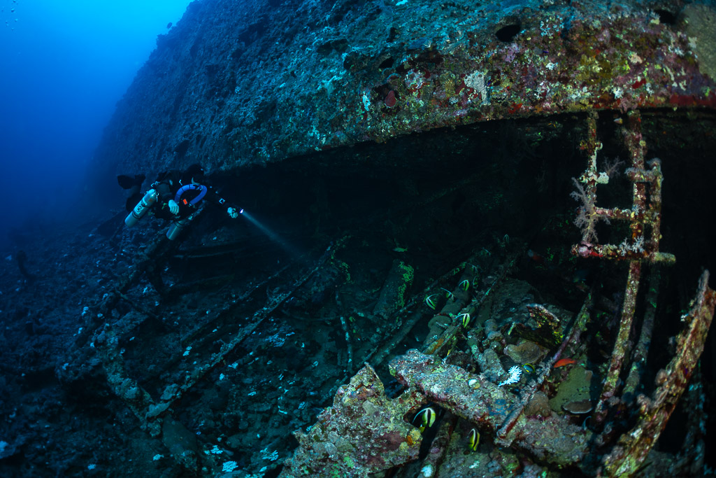 Rebreather diver beside a ladder on the Levanzo wreck, Red Sea, Egypt