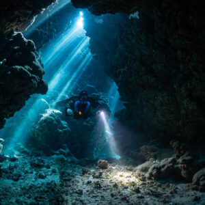 Rais de soleil sur un plongeur en recycleur dans une salle de la grotte, Gota Jeny, mer Rouge, Égypte
