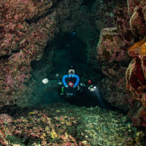 Rebreather diver in a coral tunnel, facing the camera, Abu Kebrita, Red Sea, Egypt