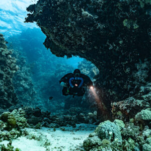 Rebreather diver with torch under a coral overhang, close view, Habili Gafar and Umm Aruk, Red Sea, Egypt