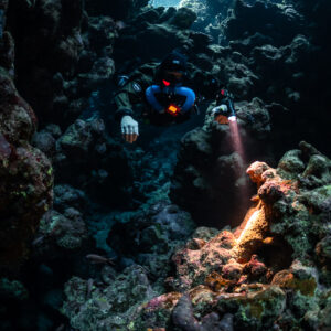 Rebreather diver lighting orange encrustations in a cave passage, Sha'ab Claudio, Red Sea, Egypt