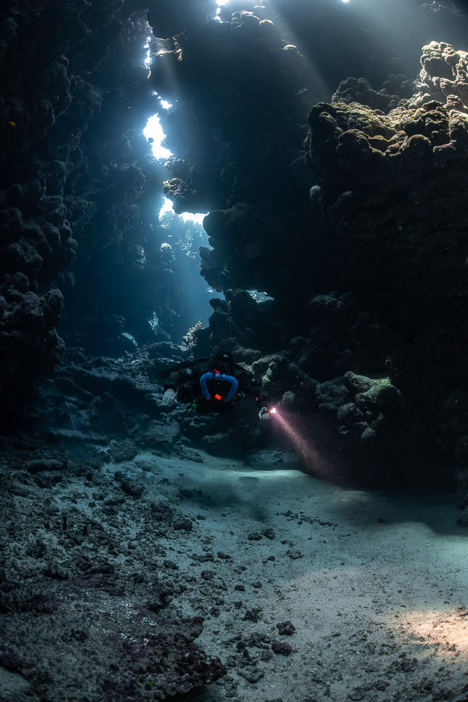 Rebreather diver below a column of skylights, pink torch beam, Sha'ab Claudio, Red Sea, Egypt