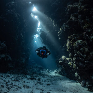Rebreather diver under a vertical line of sunbeams, Sha'ab Claudio, Red Sea, Egypt