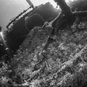 Rebreather diver above the deck of the Numidia wreck, black and white, Big Brother, Red Sea, Egypt