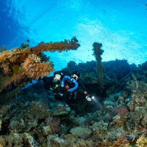Rebreather diver on the shallow upper part of the Numidia wreck, Big Brother, Red Sea, Egypt