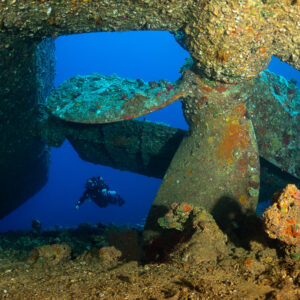 Diver framed between the blades of a coral-encrusted wreck propeller, Red Sea, Egypt