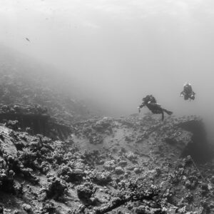 Black-and-white shot of two divers over a misty reef slope, Red Sea, Egypt