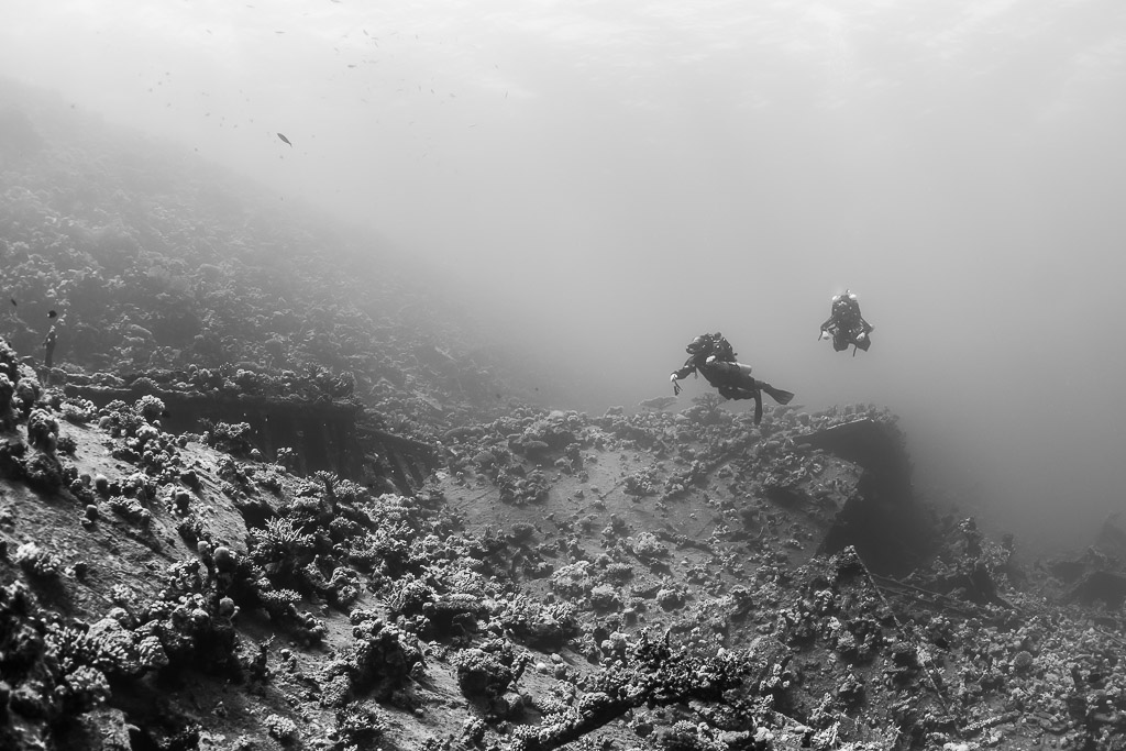 Black-and-white shot of two divers over a misty reef slope, Red Sea, Egypt