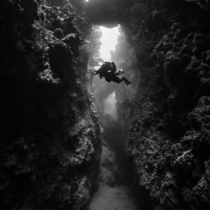 Black-and-white view of a diver in a narrow sandy canyon, vertical, Red Sea, Egypt