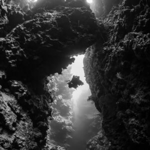 Silhouette d’un plongeur sous une arche rocheuse, en noir et blanc, vertical, mer Rouge, Égypte