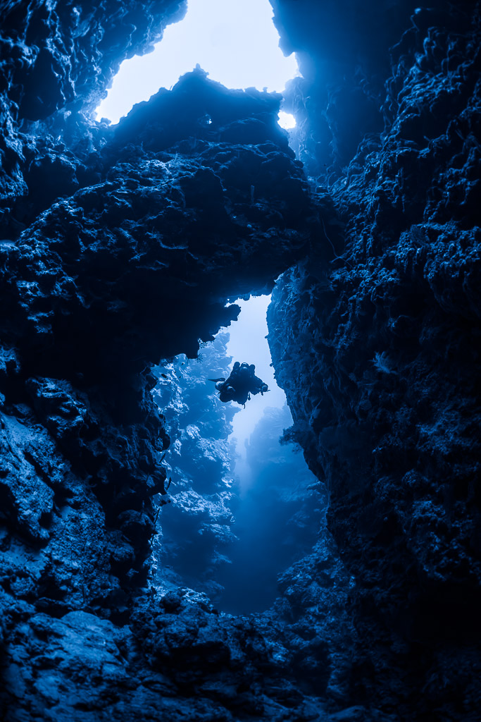 Blue-toned silhouette of a diver beneath a rock arch in a crevice, vertical, Red Sea, Egypt