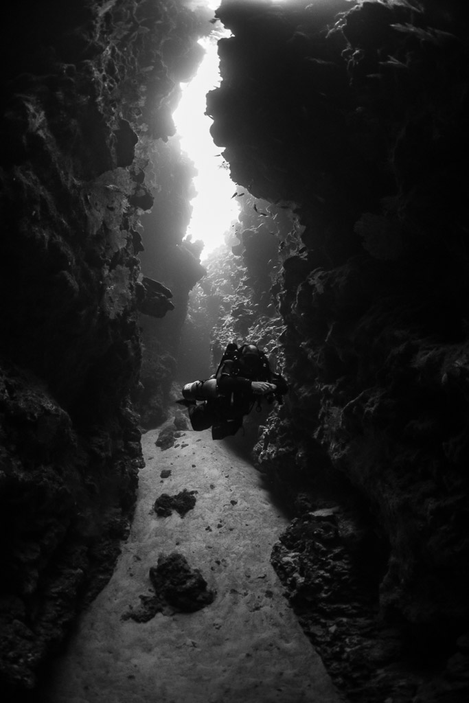 Black-and-white diver in a canyon with light streaming from above, vertical, Red Sea, Egypt