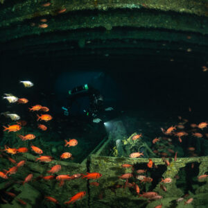 Rebreather diver with torch behind soldierfish in a cargo hold, Thistlegorm wreck, Red Sea, Egypt