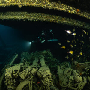 Rebreather diver with torch behind a school of fish over cargo, Thistlegorm wreck, Red Sea, Egypt