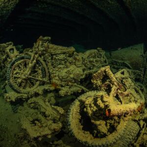 Close view of encrusted motorcycles lying in a cargo hold, Thistlegorm wreck, Red Sea, Egypt