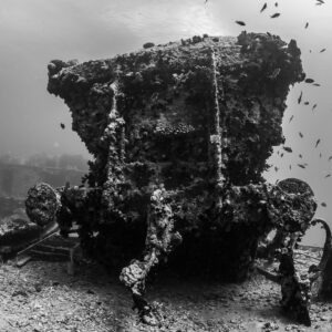 Wagon ferroviaire concrétionné vu de face avec des poissons, en noir et blanc, épave du Thistlegorm, mer Rouge, Égypte